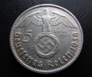 5 Reichsmark 1938 D.  Km - 94.  Rare Silver Nazi Coin.  Very Fine.  No.  283 photo