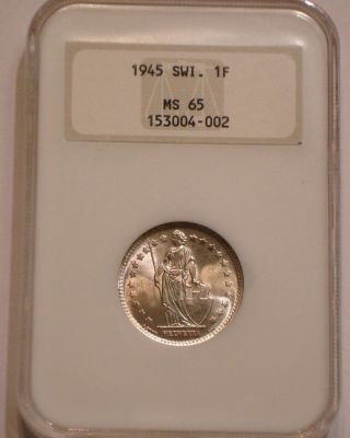 1945 Silver Franc Switzerland; Ngc Ms 65 Sparkling Gem Bu Fatty Holder photo