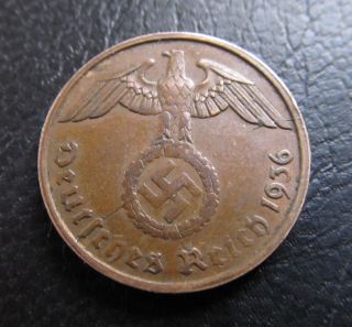 2 Reichspfennig 1936 D.  Rare Nazi German Coin.  Km 90.  Very Fine.  No 324 photo