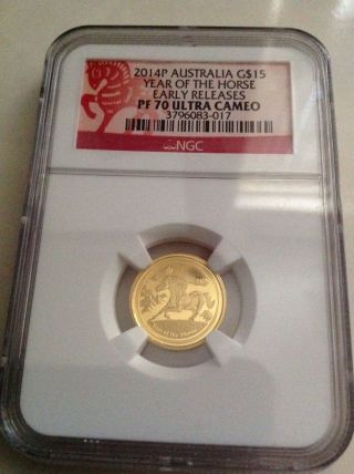 2014 - P Australia Gold Lunar Year Of The Horse,  Ultra Cameo Pf 70 1/10 Oz Gold photo