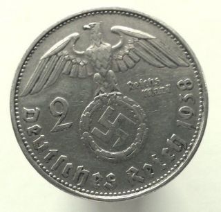 Xxrare Wwii German Third Reich Silver 2 Mark 1938 - B Vf Nazi Coin Km 93 photo