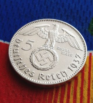 Ww2 German 5 Mark Silver Coin 1937 J Third Reich Swastika Reichmark photo
