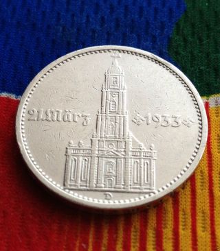 Ww2 German 5 Mark Silver Coin 1934 D Garrisonkirche Third Reich Reichsmark photo