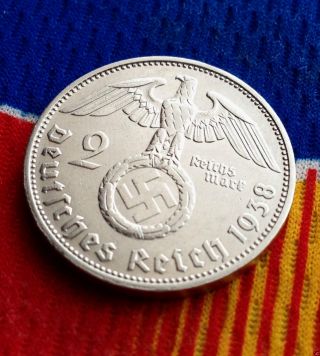 Wwii German 2 Mark Silver Coin 1938 F Third Reich Swastika Reichsmark 5 Star photo