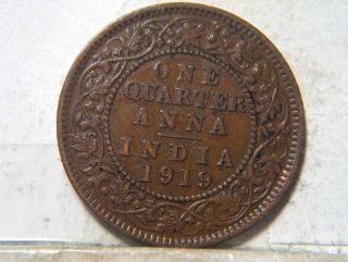 1919 One Quarter Anna India Coin,  Very Fine, photo