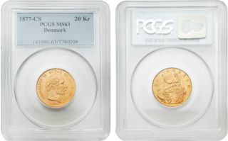 Denmark 1877 - Cs 20 Kroner Gold Coin Pcgs Ms - 63 photo