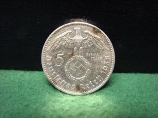 1938 A German 5 Mark Silver Coin Third Reich Swastika Reichmark Ww2 Silver Coin photo