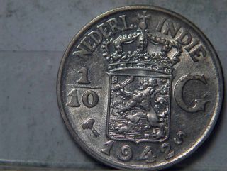1942 S Netherland East Indies 1/10 Gulden Silver Coin Unc. photo