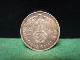 1937 F German 5 Mark Silver Coin Third Reich Swastika Reichmark Ww2 Silver Coin photo