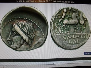 L.  And C.  Memmius L.  F.  Galeria - - 87 B.  C.  - - Silver Denarius photo