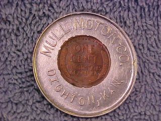 1948 D Mull Motor Co Dighton Kan Encased Cent Ks Lucky Penny Chevrolet Losp photo