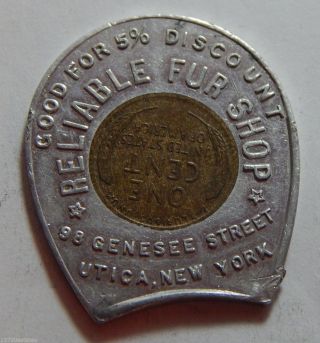 1928 Encased Wheat Cent Token - Utica Ny - Reliable Fur Shop Good For photo