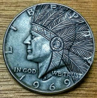 1969 Kennedy Half Indian Chief With Headdress 40 Silver Hobo Nickel photo