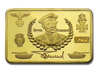 1 Oz Wwii German Tank Commander Erwin Rommel Pure.  999 24k Gold Bullion Bar Rare photo