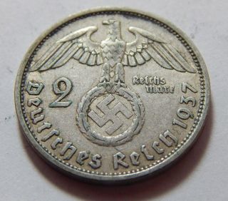 Nazi Germany 1937f Military Swastika Coin 3rd Reich Silver 2 Reichmarks - Berlin photo