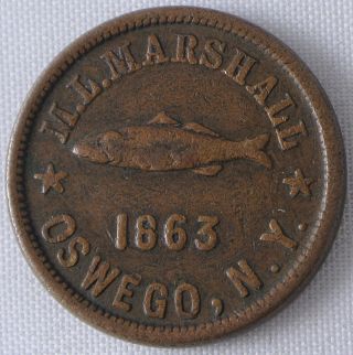 1863 Oswego,  Ny M.  L.  Marshall R.  1 Rare Coin Dealer Token - Vf photo