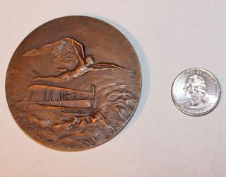 Antique Bronze F.  Montagny Icarus Airplane Ship Aviation Medal Medallion Coin photo