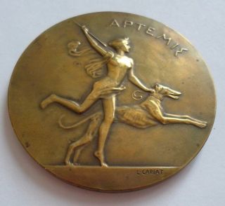 1920s Diana / Artemis / Canine Dog Exposition French Art Nouveau Medal By Cariat photo
