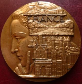Art Deco Large French Gilded Bronze Medal By P.  Turin With Box photo