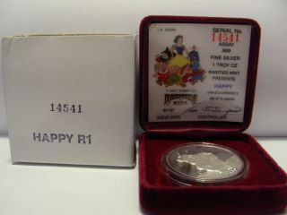 1987 Snow White Happy 1 Troy Oz.  Silver 50th Anniversary Disney Coin.  999 photo