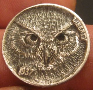 Hobo Nickel,  Miniature Metal Carving,  Owl,  Ohns Rm1394 photo