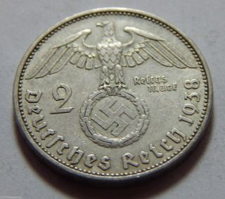 Nazi Germany 1938a Military Swastika Coin 3rd Reich Silver 2 Reichmarks - Berlin photo