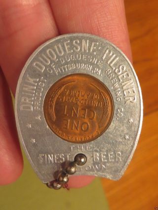 1948 - D Encased Penny Cent Lincoln Drink Duquesne Pilsener Beer Pittsburgh Pa. photo