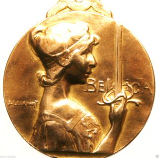Art Nouveau Lady Belgica - 1915 Antique Art Medal Pendant Signed Jean Lecroart photo