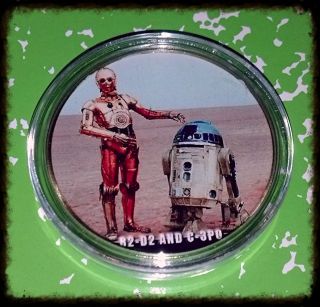 Star Wars R2 - D2 & C - 3po S4 - 1 Oz - Colorized Gold / Brass Art Round photo