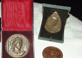 Antique Bronze Religious Medal & Plaque Signed Becker Saint Therese,  Jesus Face photo