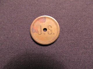Vintage J.  S.  Trade Token - Good For 5 Cents In Trade Holed Token photo