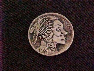 Carved 1935 Hobo Nickel Sun Flower Indian Maiden Folk Art Coin Token Ohns 1304 photo