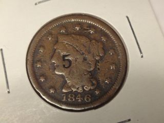 U.  S.  1846 Small Date Braided Hair Large Cent Counterstamped With Number 