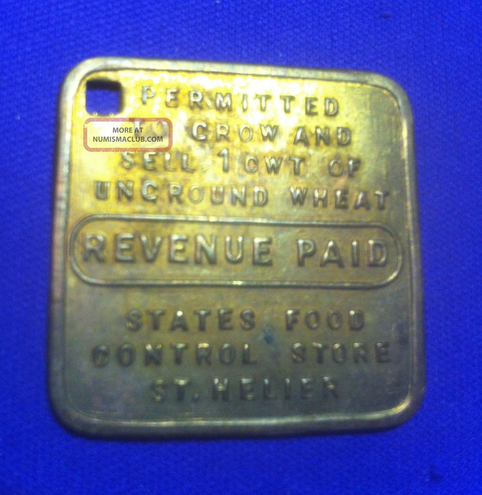Jersey Channel Islands G.  B.  Brass Square Token.  Revenue Paid To Grow 1 Cwt Wheat Exonumia photo