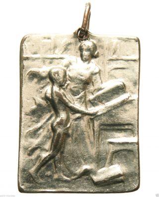 Art Nouveau Lady Teacher & Child - Art Nouveau Antique Medal Pendant Signed Fisch photo