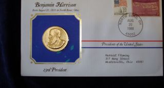 Uncirculated Benjamin Harrison Presidentia 24k Gold Medal & Postal Commemorative photo