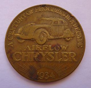 A Century Of Progress 1924 - 34 Chrysler Airflow 10th Anniversary Medal 1.  25 photo