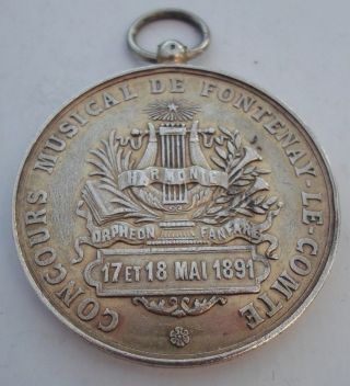 1891 Music Festival Award French Silver Medal Medaille Argent Fontenay Le Comte photo