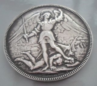 1921 Brussels Mayor / Saint Michael & Devil Belgian Art Silver Medal By Chaplain photo