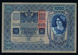 Austria 1000 Kronen 1919 (old 1902) Pic 59 Very Fine,  Grade photo