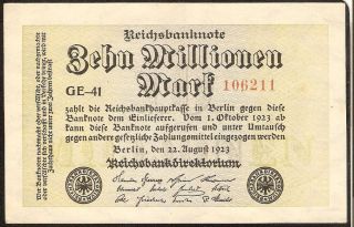 Germany Banknote 10 Millionen Mark 1923 Series Ge - 41 Xf - Unc 192 photo