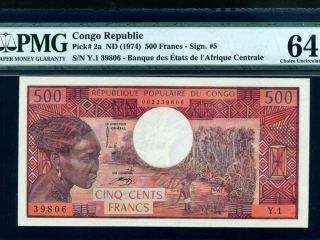 Congo:p - 2a,  500 Francs,  1974 Woman Pmg Ch.  Unc 64 photo