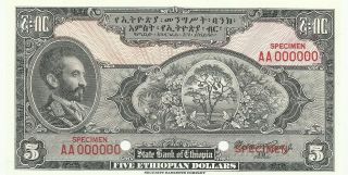 State Bank Of Ethiopia 5 Ethiopian Dollar Specimen Gem Unc 1945 photo