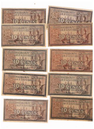 French Indochina P85e 10x10 Cents 1939 Xf Or Better photo