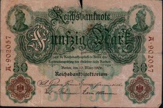 1906 German Empire 50 Mark Banknote Very Rare Year photo