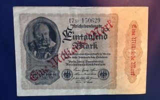 German One Billion Mark 1922 Reichsbanknote Germany 1 Milliarde Note Money Marks photo