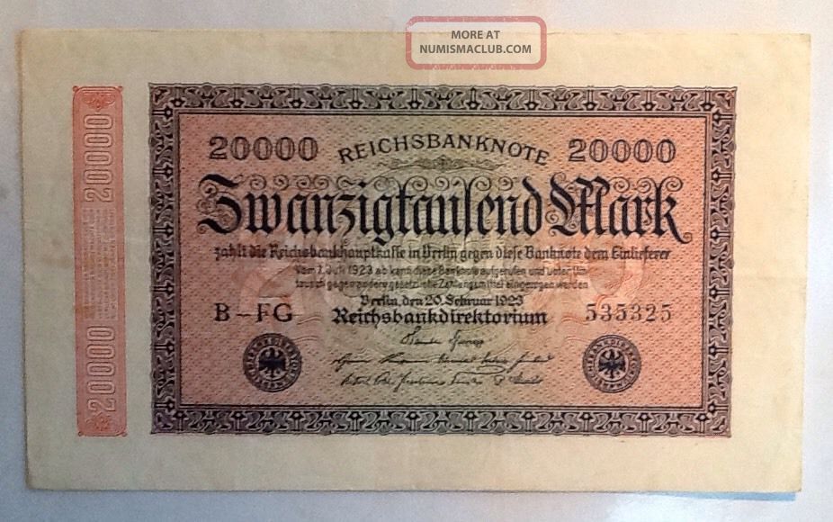 German 20000 Mark Reichsbanknote 1923 Old Germany Money Note