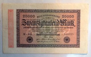 German 20000 Mark Reichsbanknote 1923 Old Germany Money Note photo
