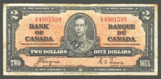 1937 Canada Two Dollar Note In Fine Serial Kr4901599 Co/towers photo