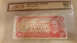 Bank Of Canada 1975 $50.  00 Bcs Graded Almost Uncirculated Bc - 51 - B Crow/bouey photo